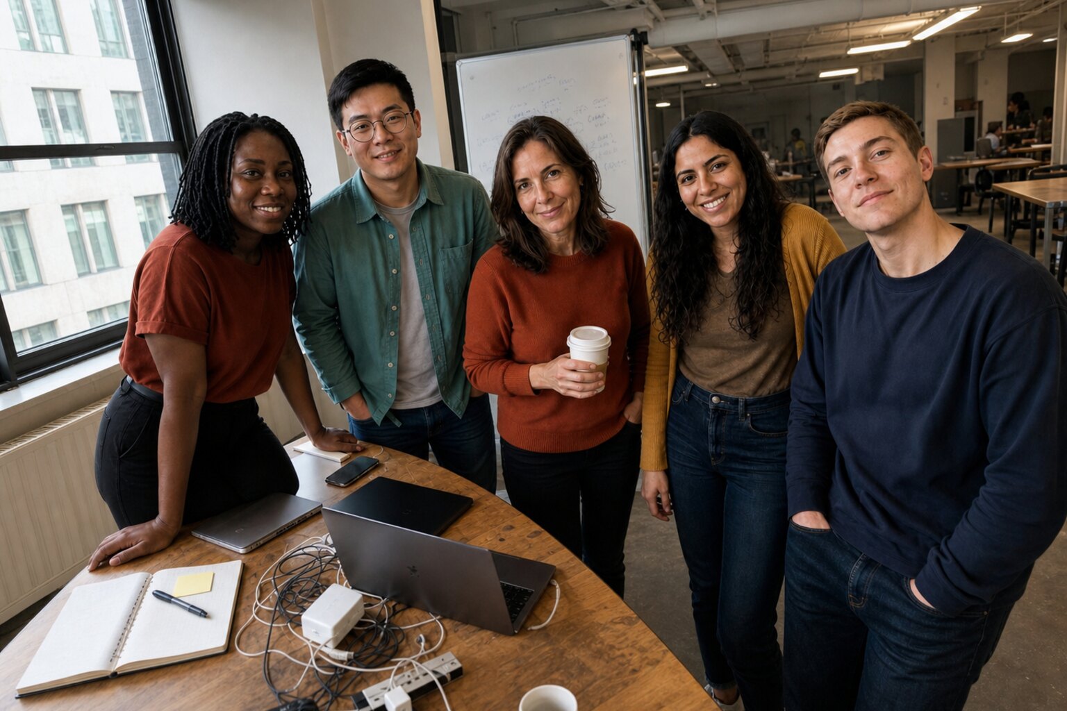 Five members of the editorial team working together around a coworking table